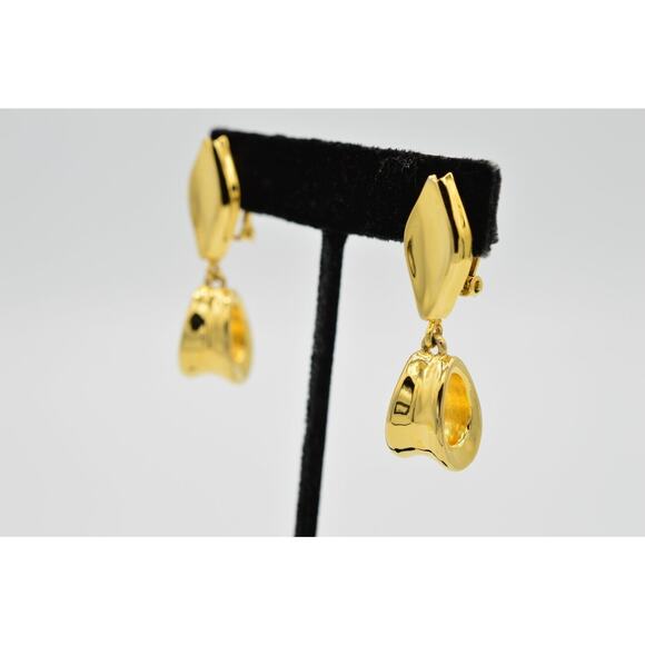 Givenchy Vintage Clip Earrings Metallic Gold Drop Dangle Chunky Signed 1980s 9I - Picture 3 of 11